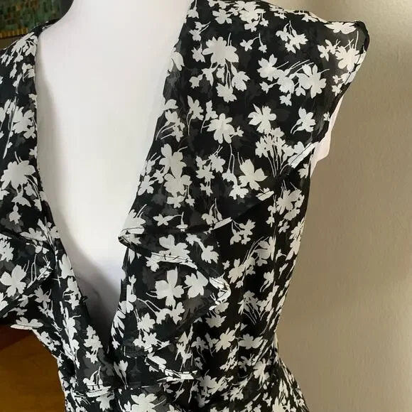Vintage Size 12 Women's Floral Print Ruffle Dress Black White Tie Waist - Picture 5 of 16